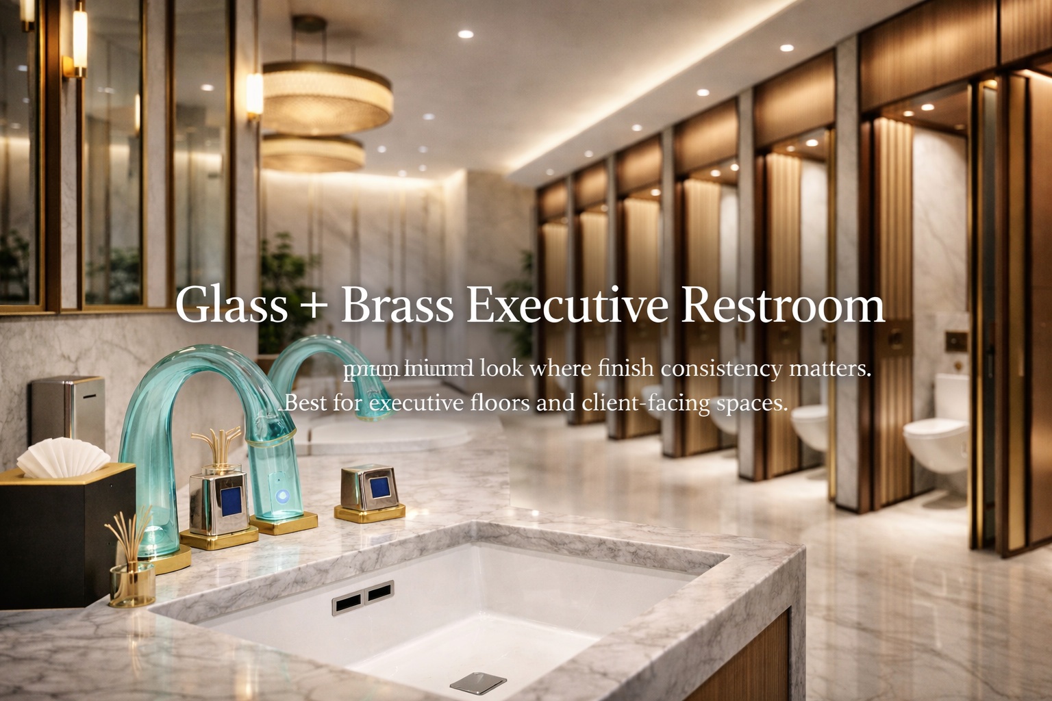 Glass and brass executive restroom concept using BathSelect touchless fixtures